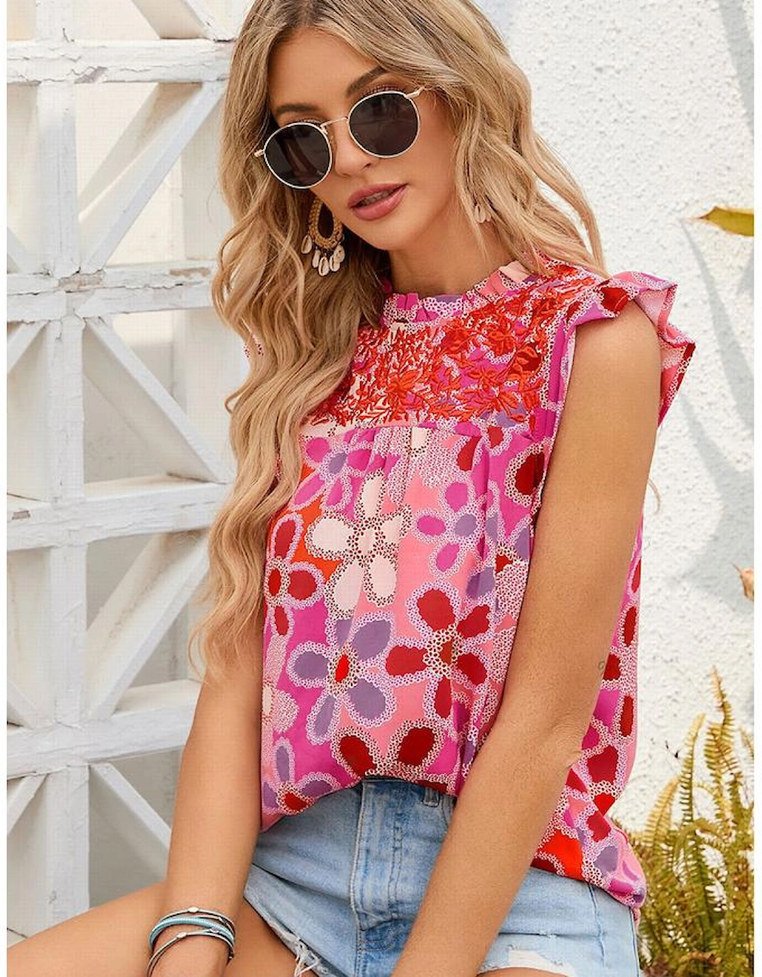 Rose Embroidered Detail Floral Print Ruffle Trim Tank Top, 16 of 15