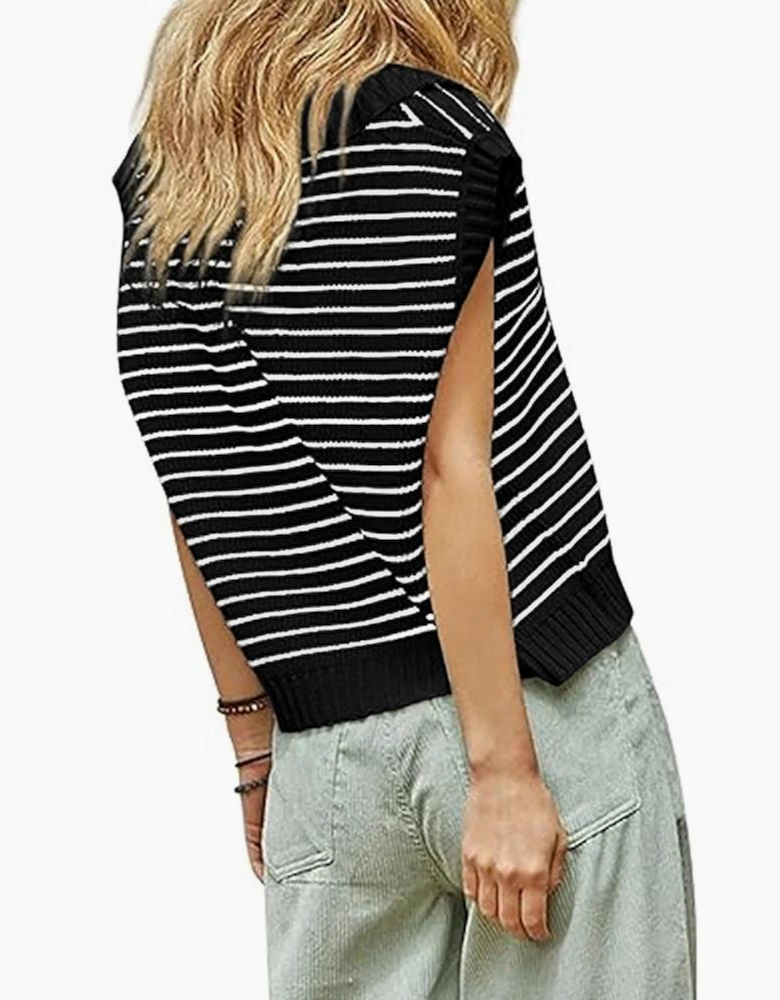 Black Stripe Turn-down V Neck Sweater Tank Top