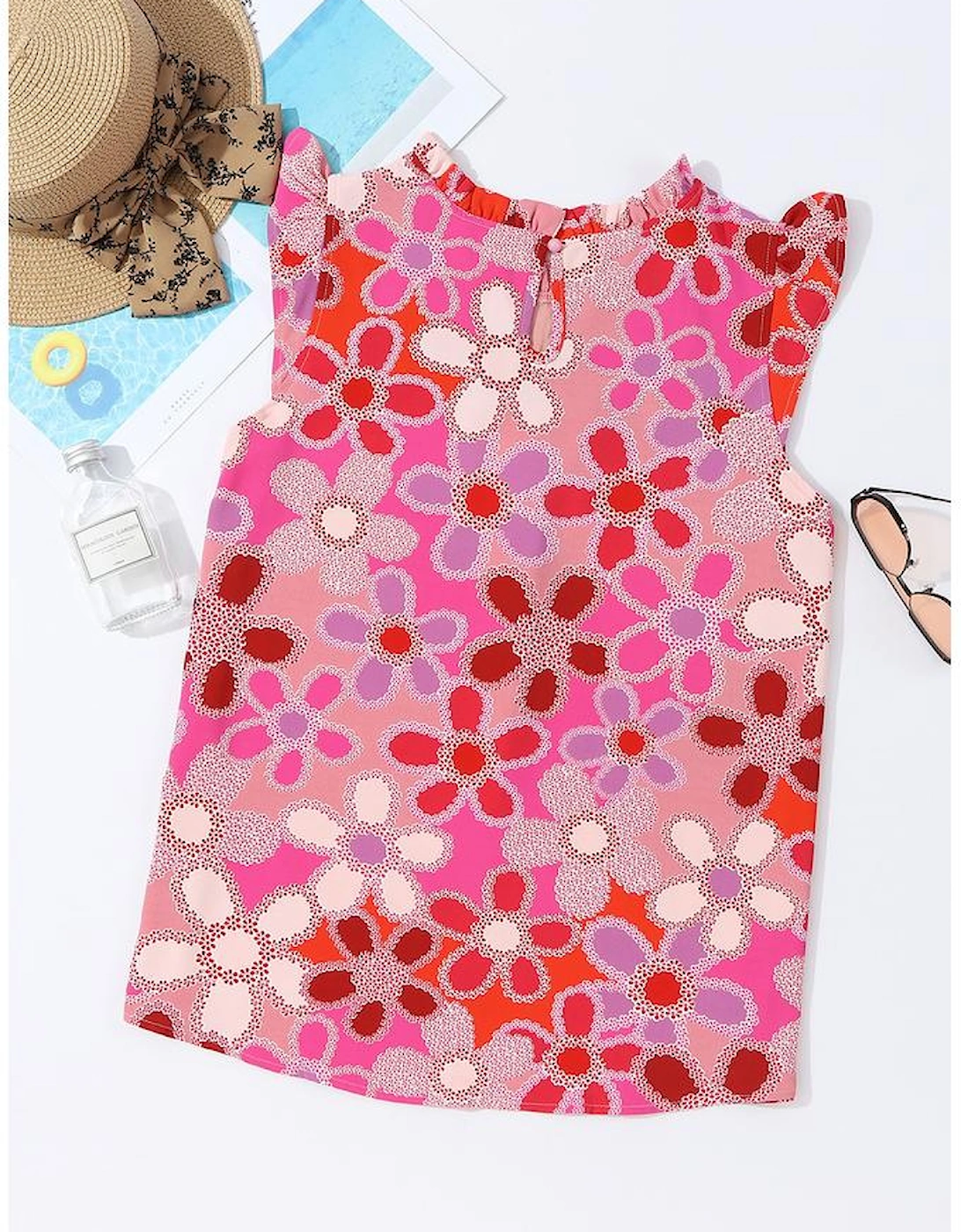 Rose Embroidered Detail Floral Print Ruffle Trim Tank Top