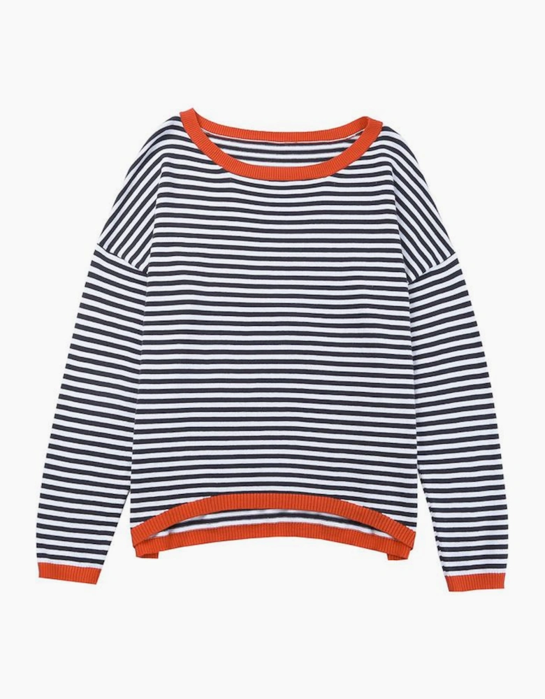 Contrast Trimmed Striped Drop Shoulder Sweater