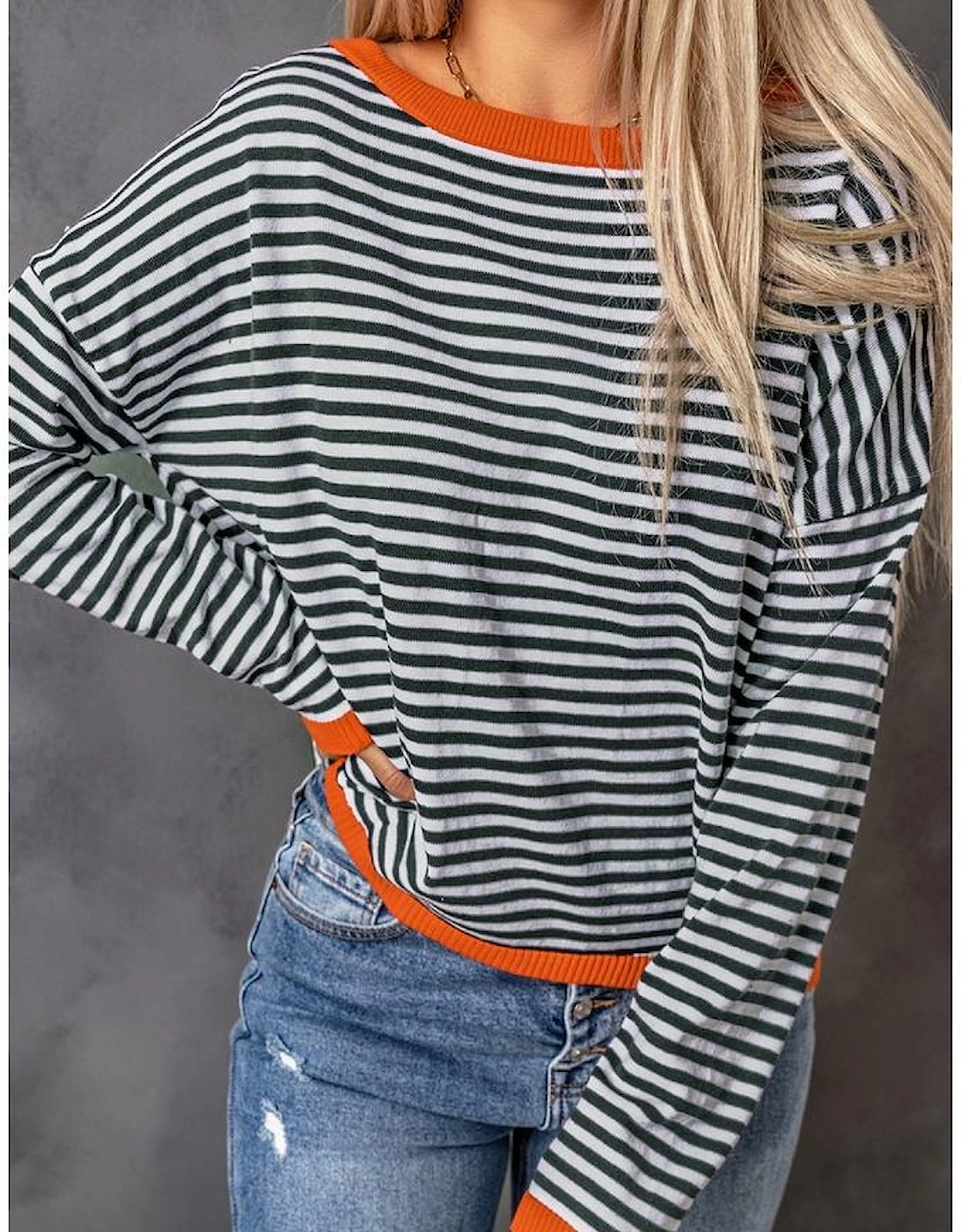 Contrast Trimmed Striped Drop Shoulder Sweater