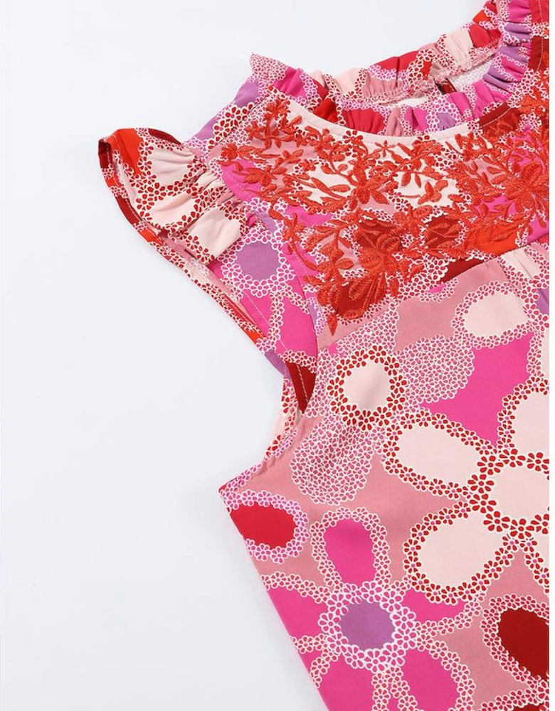 Rose Embroidered Detail Floral Print Ruffle Trim Tank Top