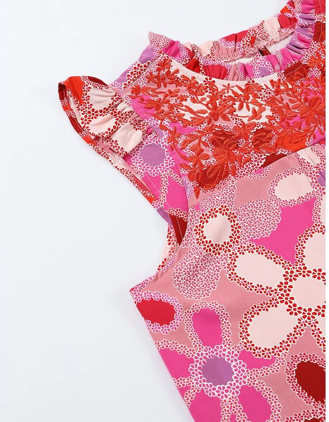 Rose Embroidered Detail Floral Print Ruffle Trim Tank Top