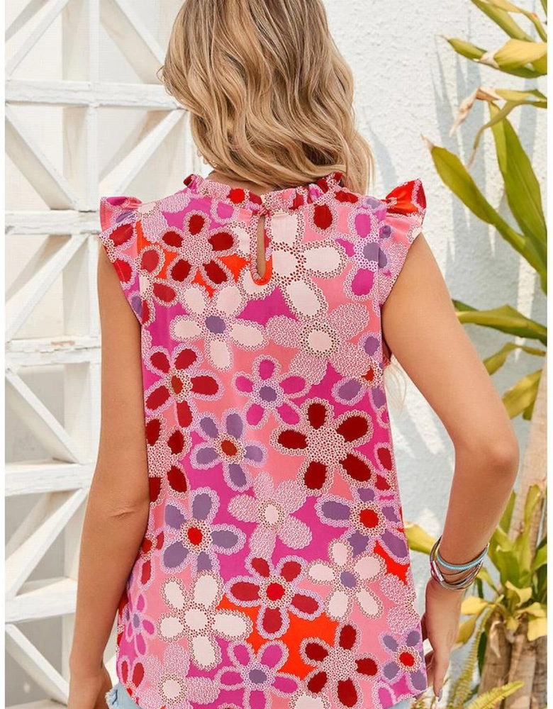 Rose Embroidered Detail Floral Print Ruffle Trim Tank Top