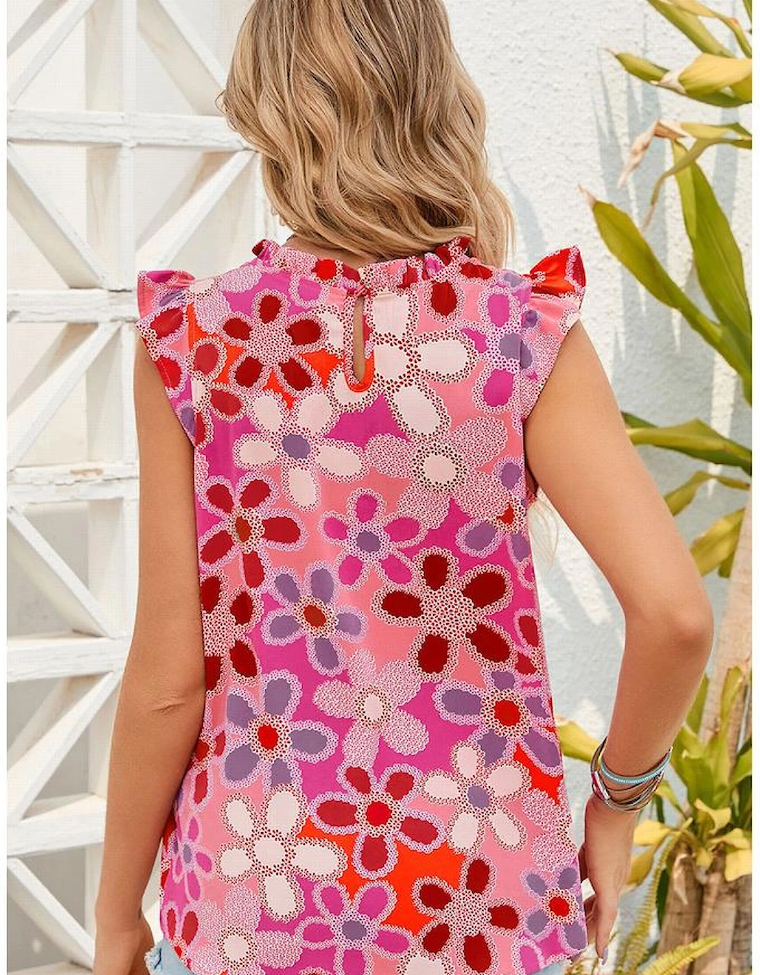 Rose Embroidered Detail Floral Print Ruffle Trim Tank Top