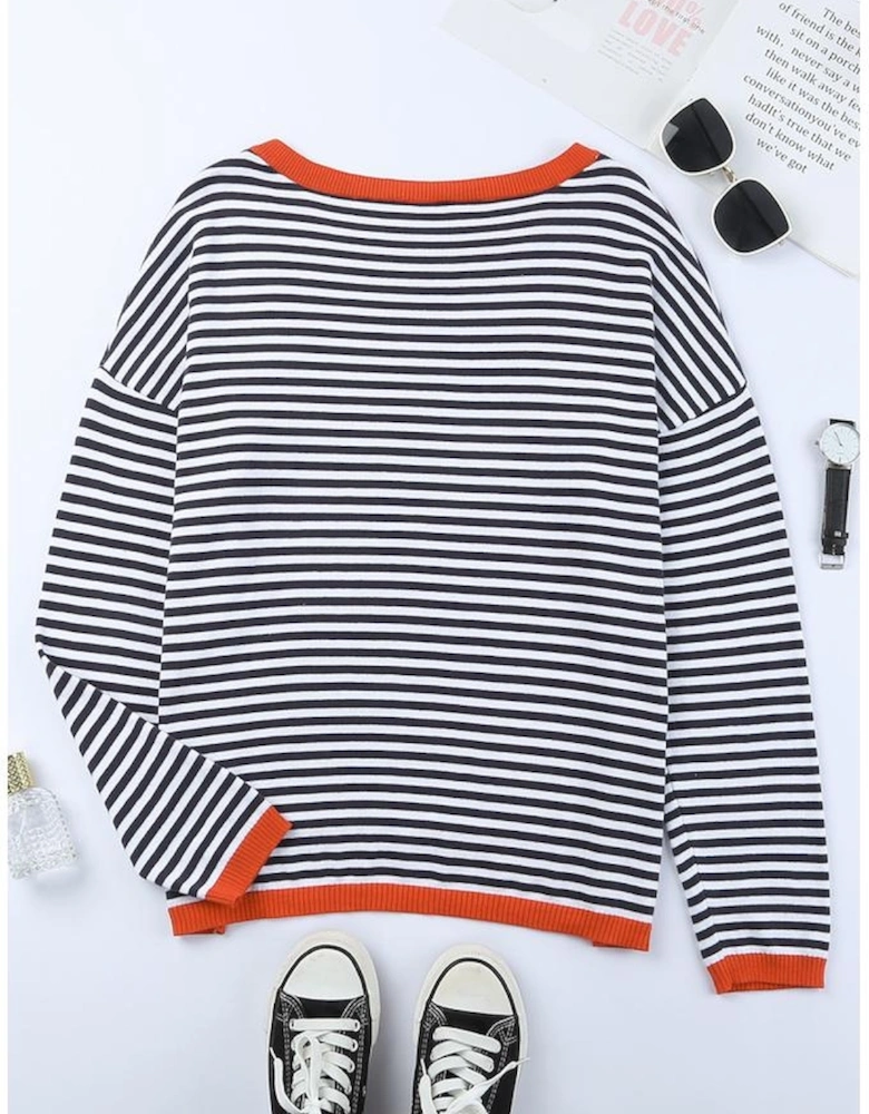 Contrast Trimmed Striped Drop Shoulder Sweater