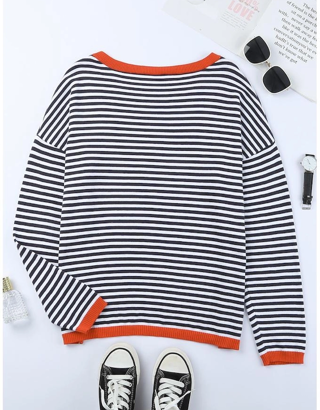 Contrast Trimmed Striped Drop Shoulder Sweater