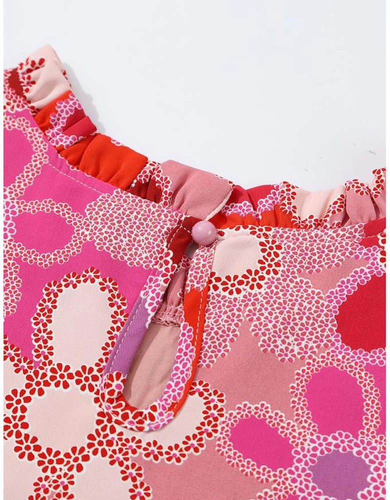 Rose Embroidered Detail Floral Print Ruffle Trim Tank Top