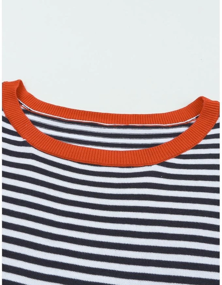 Contrast Trimmed Striped Drop Shoulder Sweater