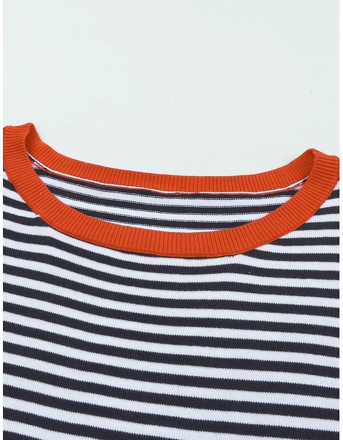 Contrast Trimmed Striped Drop Shoulder Sweater