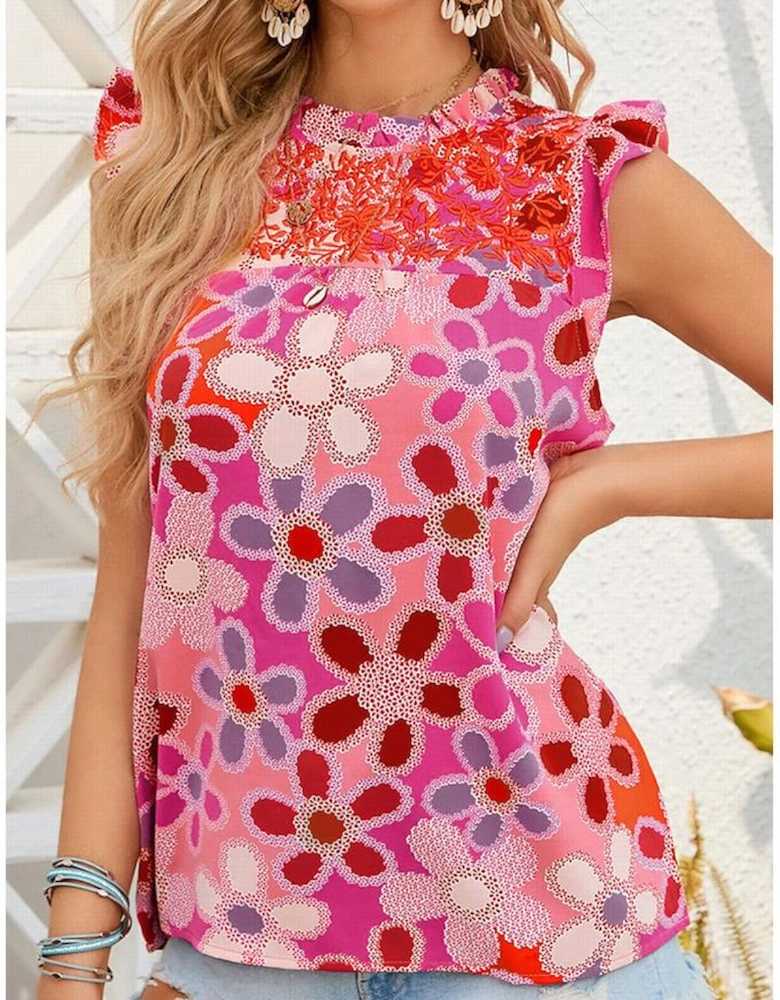 Rose Embroidered Detail Floral Print Ruffle Trim Tank Top
