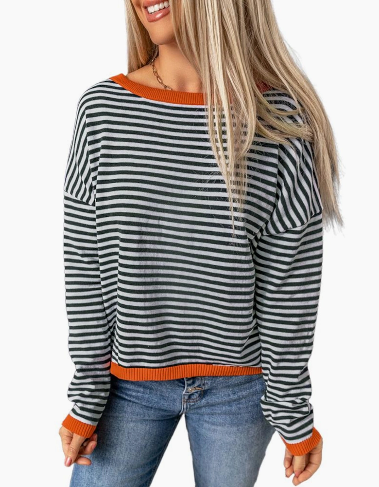 Contrast Trimmed Striped Drop Shoulder Sweater
