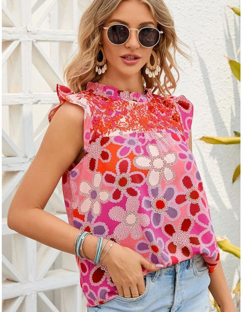 Rose Embroidered Detail Floral Print Ruffle Trim Tank Top