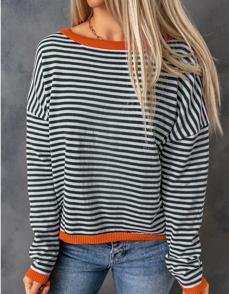 Contrast Trimmed Striped Drop Shoulder Sweater