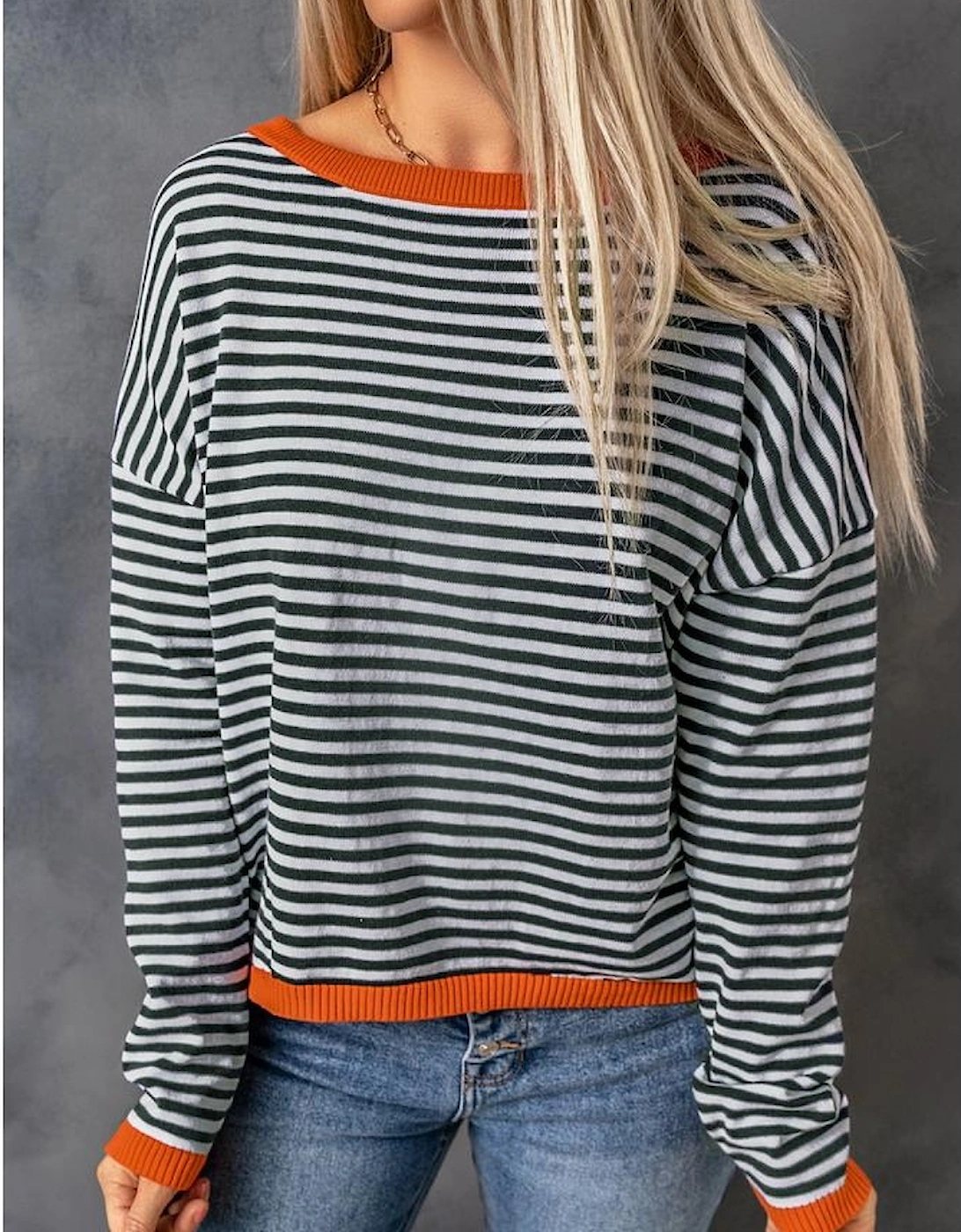 Contrast Trimmed Striped Drop Shoulder Sweater