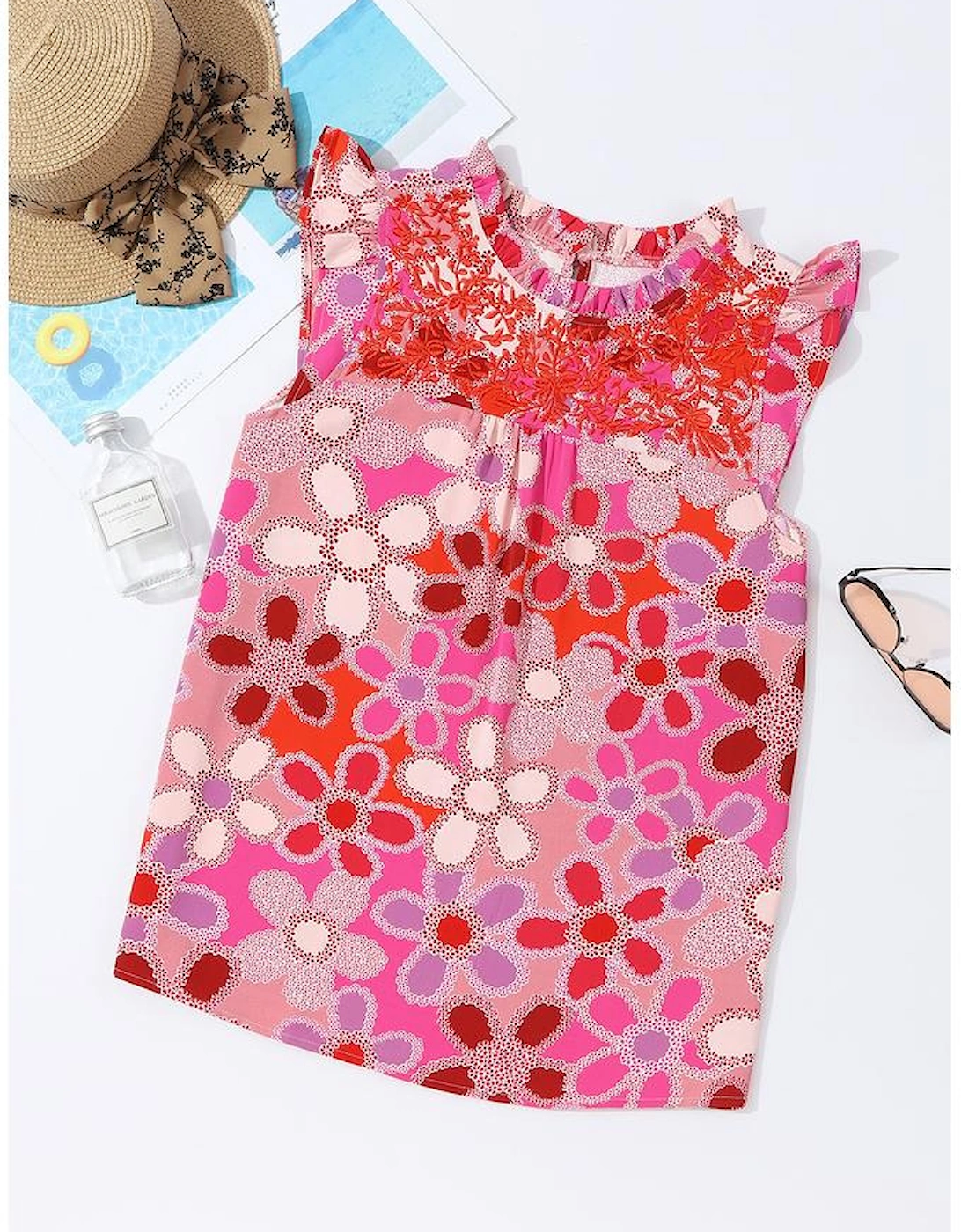 Rose Embroidered Detail Floral Print Ruffle Trim Tank Top