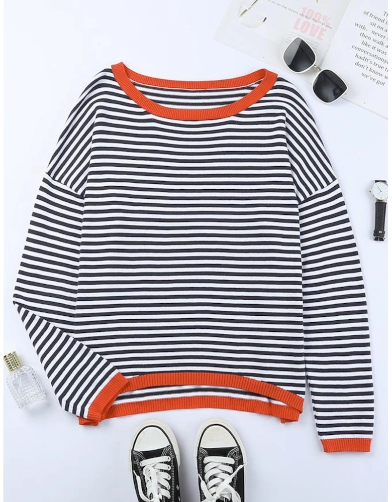 Contrast Trimmed Striped Drop Shoulder Sweater