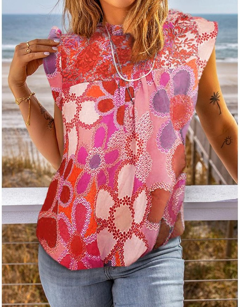 Rose Embroidered Detail Floral Print Ruffle Trim Tank Top