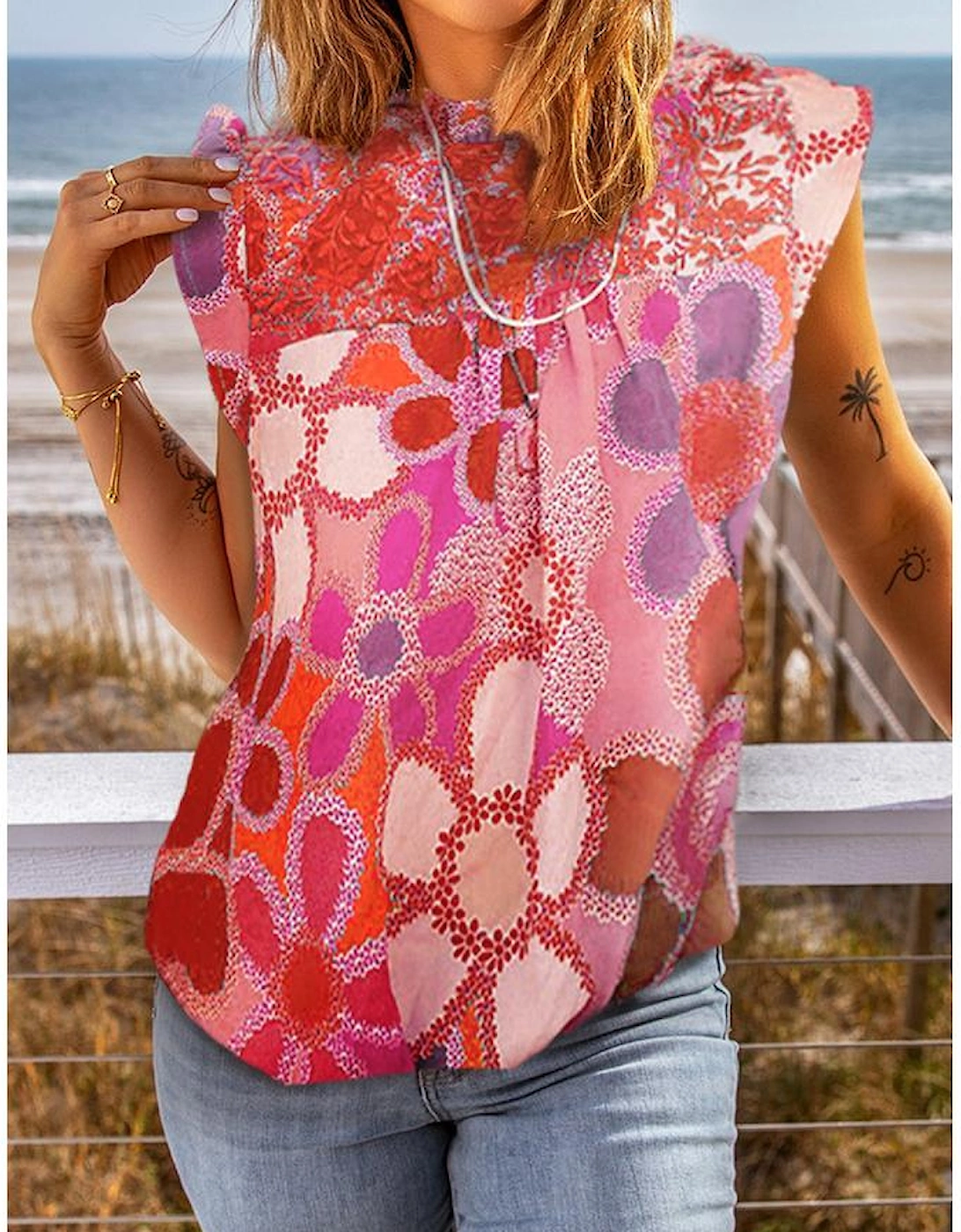 Rose Embroidered Detail Floral Print Ruffle Trim Tank Top