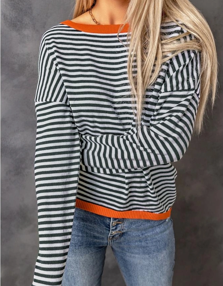 Contrast Trimmed Striped Drop Shoulder Sweater