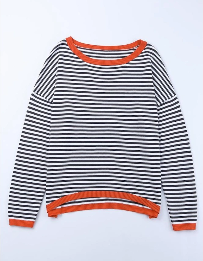 Contrast Trimmed Striped Drop Shoulder Sweater