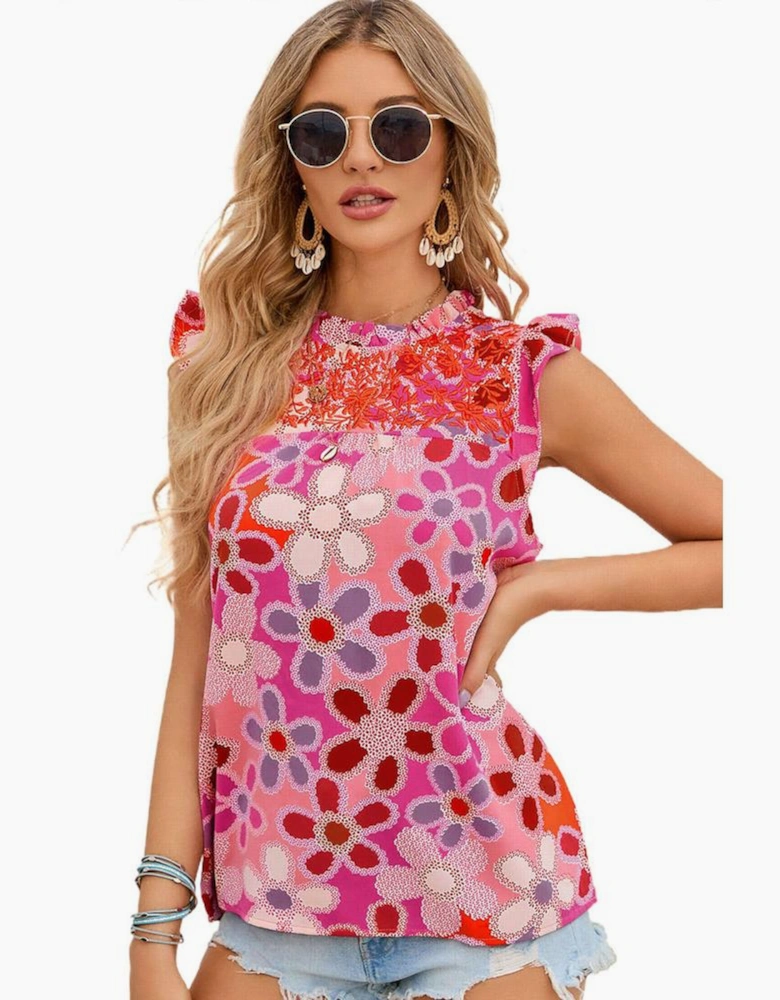 Rose Embroidered Detail Floral Print Ruffle Trim Tank Top