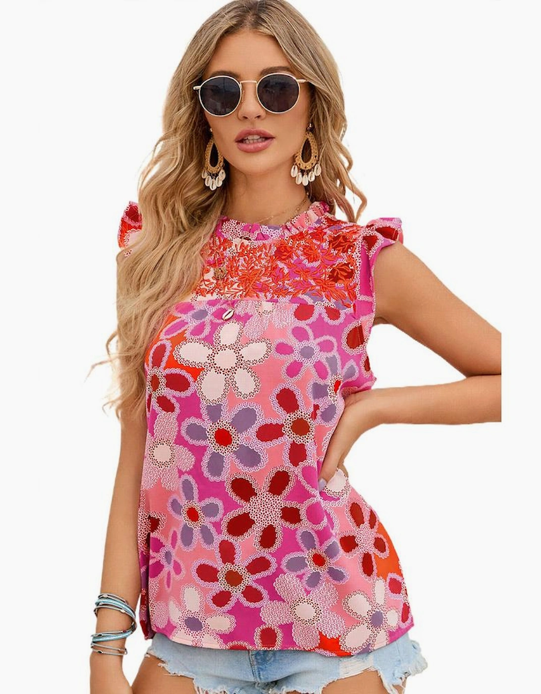 Rose Embroidered Detail Floral Print Ruffle Trim Tank Top