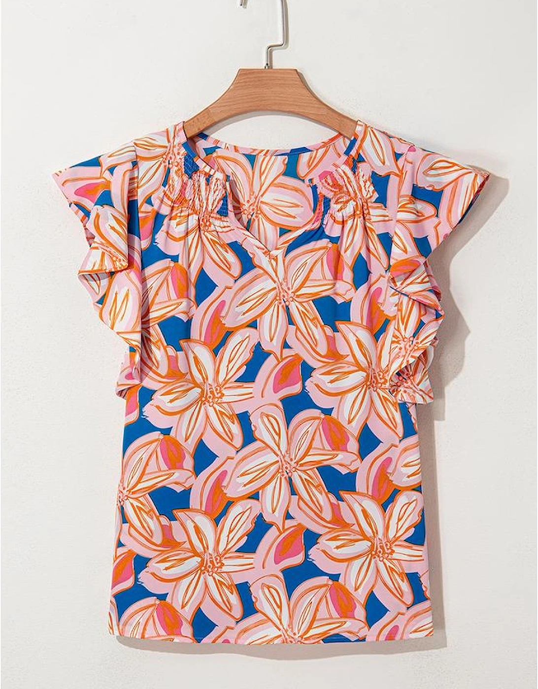 Orange Summer Flower Print Notched Neck Ruffle Sleeve Blouse