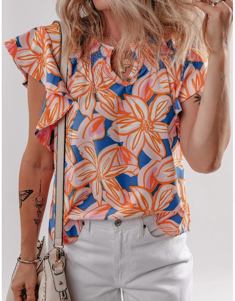 Orange Summer Flower Print Notched Neck Ruffle Sleeve Blouse