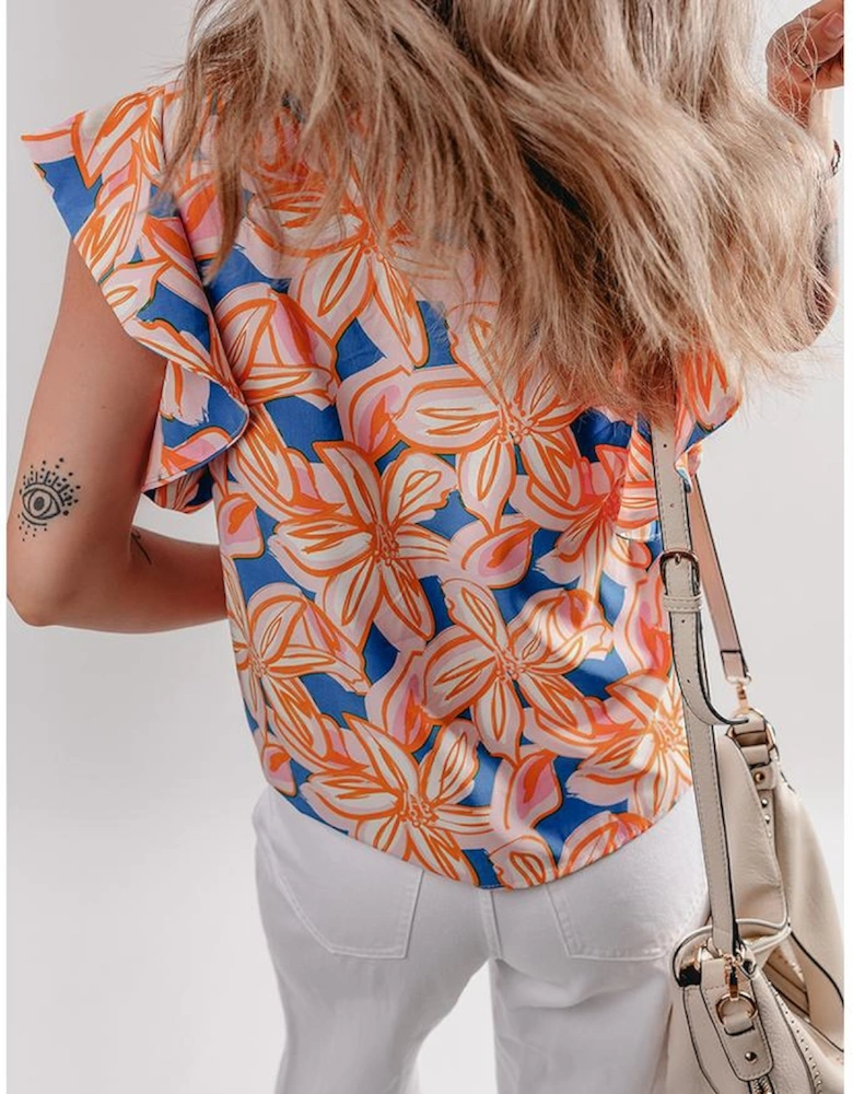Orange Summer Flower Print Notched Neck Ruffle Sleeve Blouse