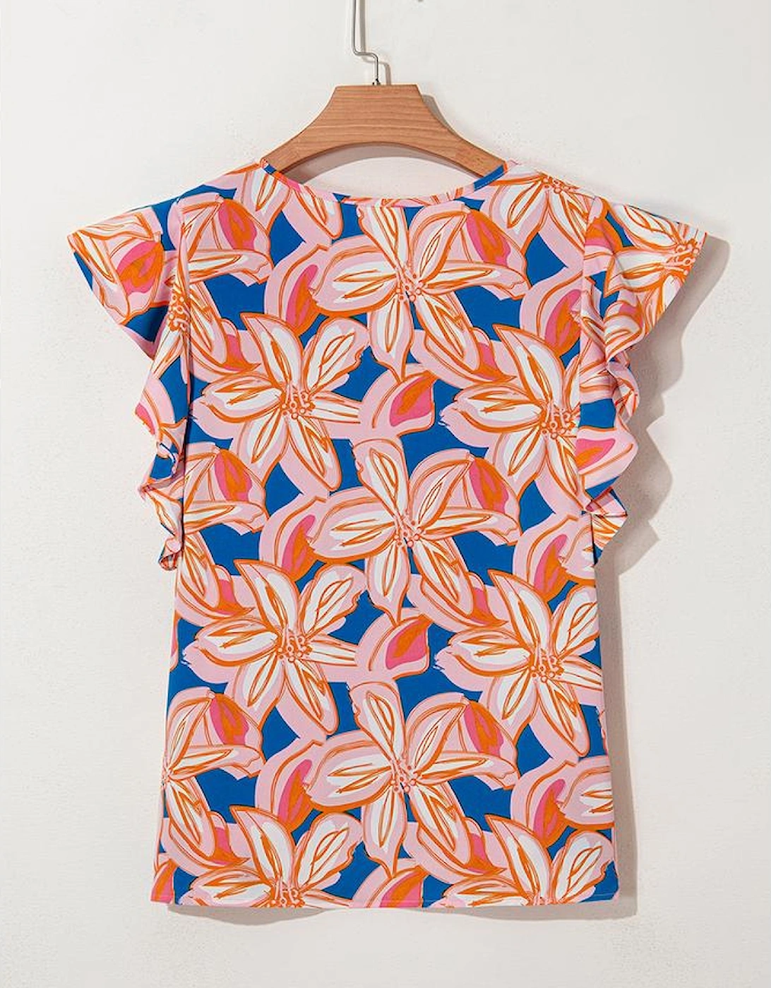 Orange Summer Flower Print Notched Neck Ruffle Sleeve Blouse