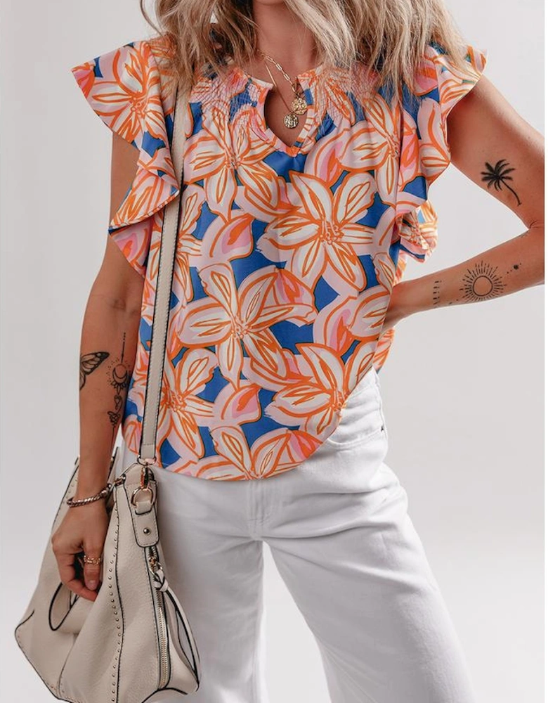 Orange Summer Flower Print Notched Neck Ruffle Sleeve Blouse