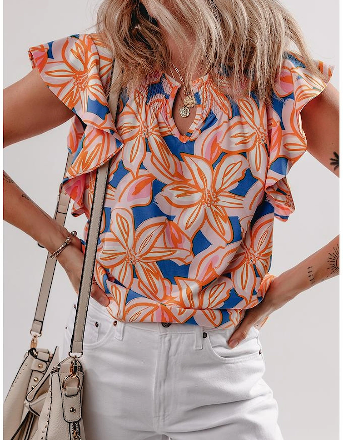 Orange Summer Flower Print Notched Neck Ruffle Sleeve Blouse