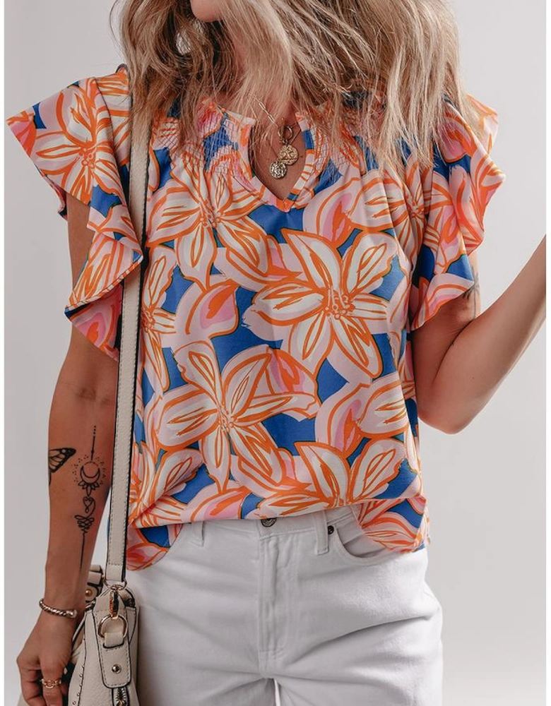 Orange Summer Flower Print Notched Neck Ruffle Sleeve Blouse