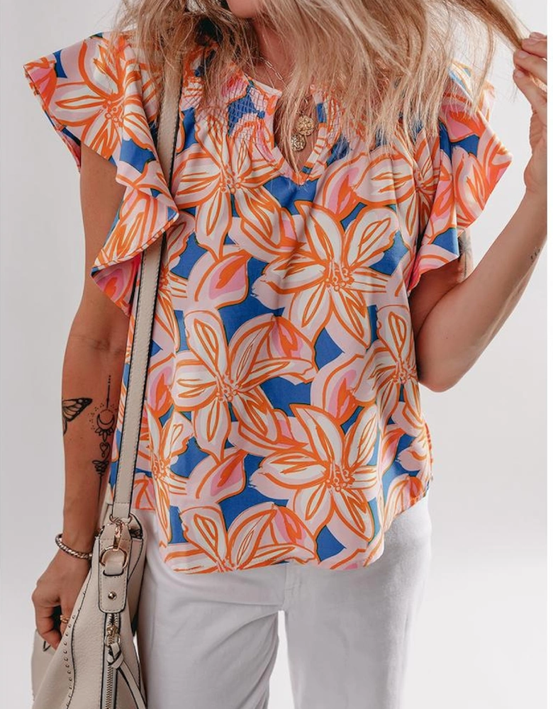 Orange Summer Flower Print Notched Neck Ruffle Sleeve Blouse
