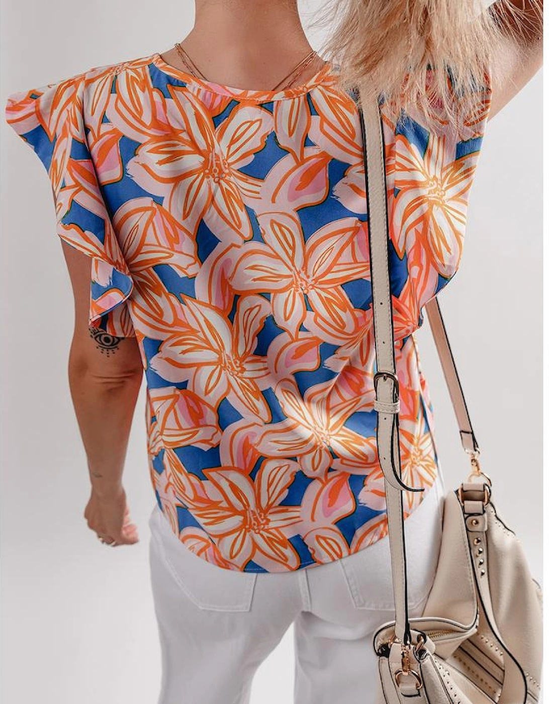 Orange Summer Flower Print Notched Neck Ruffle Sleeve Blouse, 16 of 15