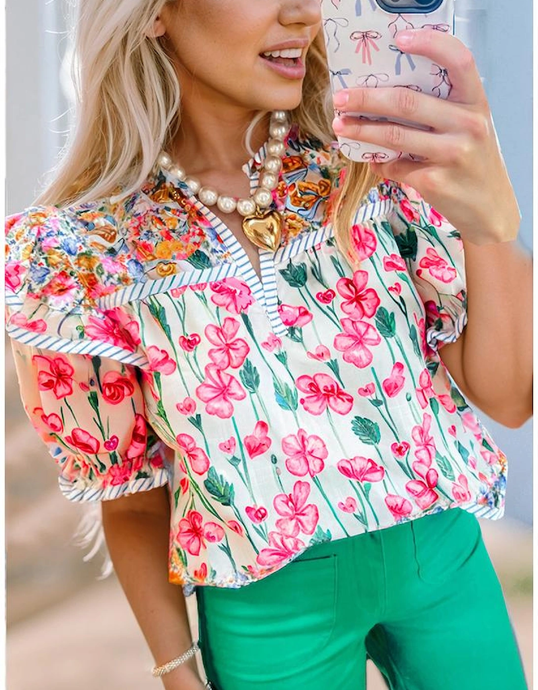 Pink Floral Print Striped Detail Split Neck Short Sleeve Blouse, 13 of 12