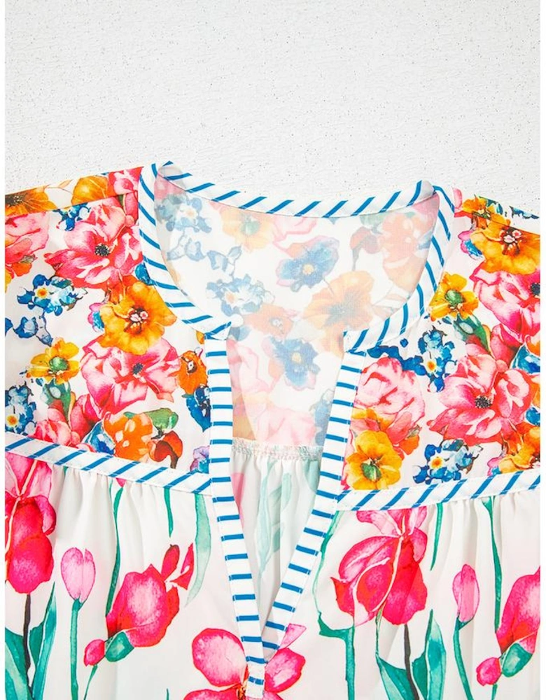 Pink Floral Print Striped Detail Split Neck Short Sleeve Blouse