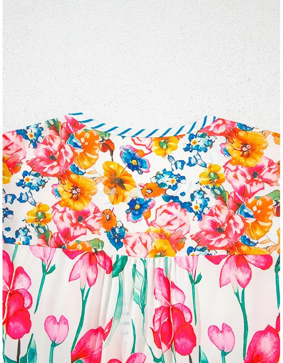 Pink Floral Print Striped Detail Split Neck Short Sleeve Blouse