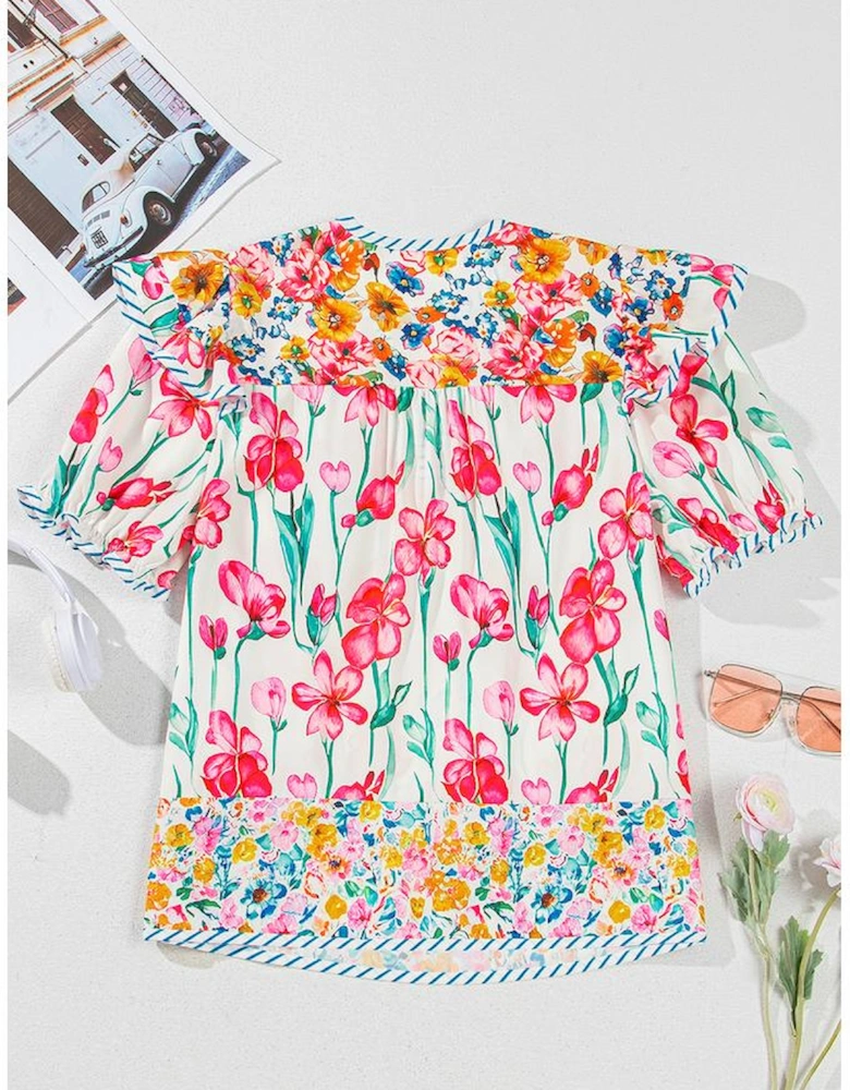 Pink Floral Print Striped Detail Split Neck Short Sleeve Blouse