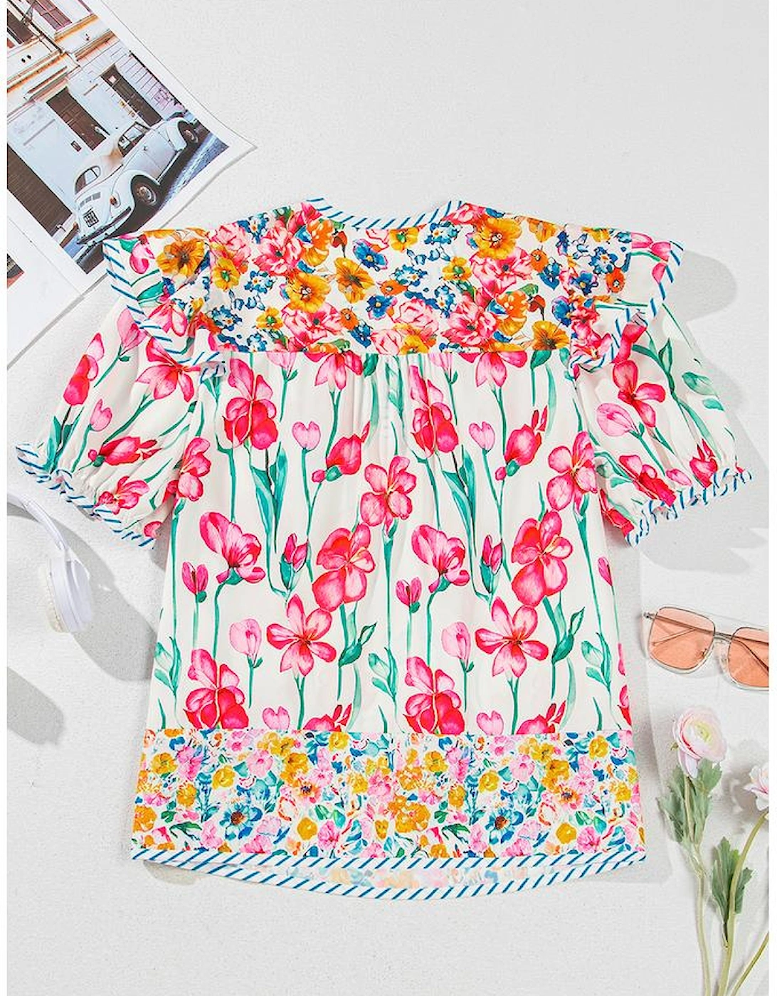 Pink Floral Print Striped Detail Split Neck Short Sleeve Blouse