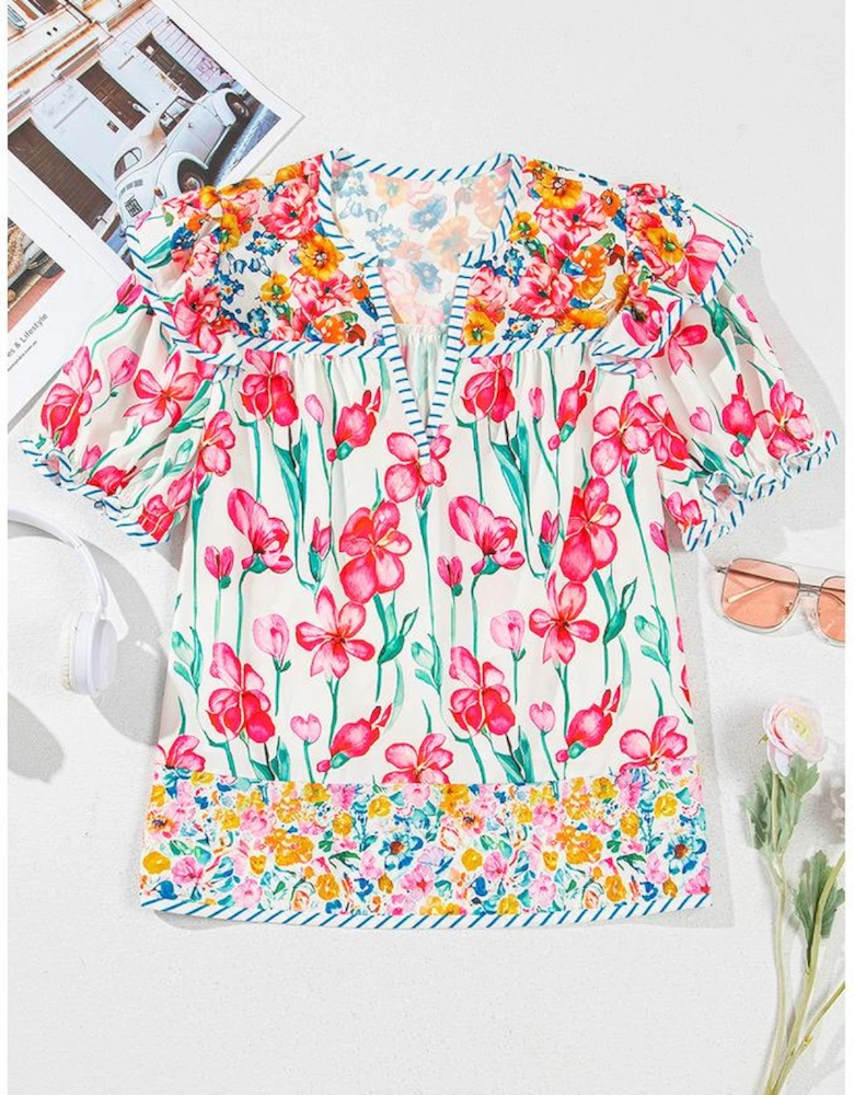 Pink Floral Print Striped Detail Split Neck Short Sleeve Blouse