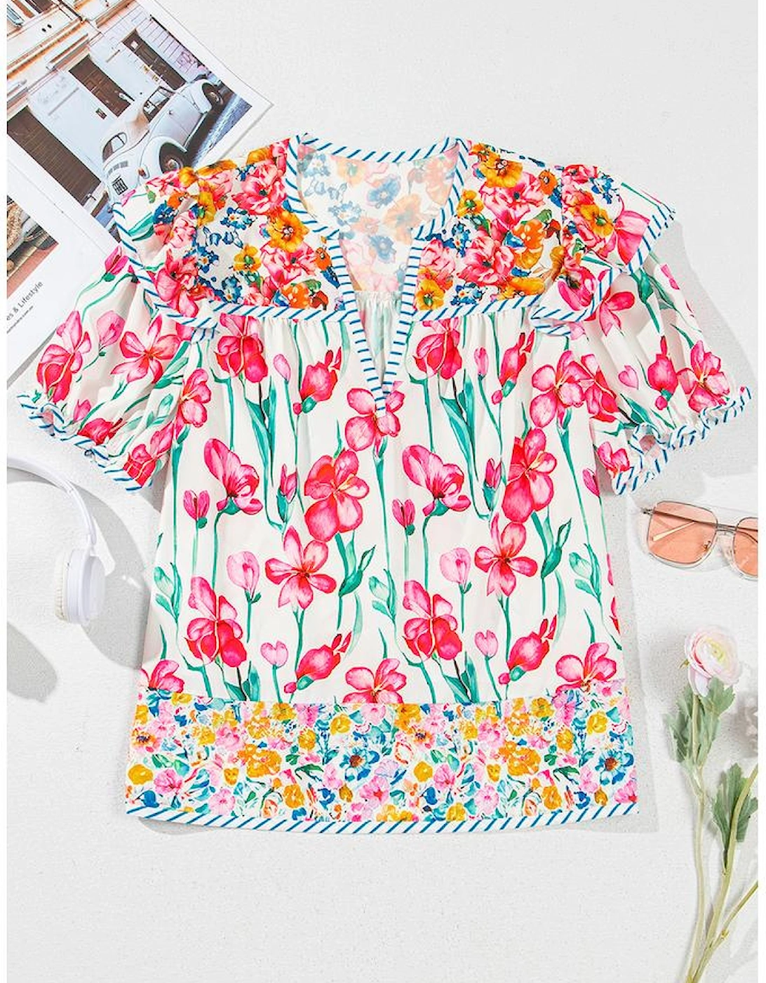 Pink Floral Print Striped Detail Split Neck Short Sleeve Blouse