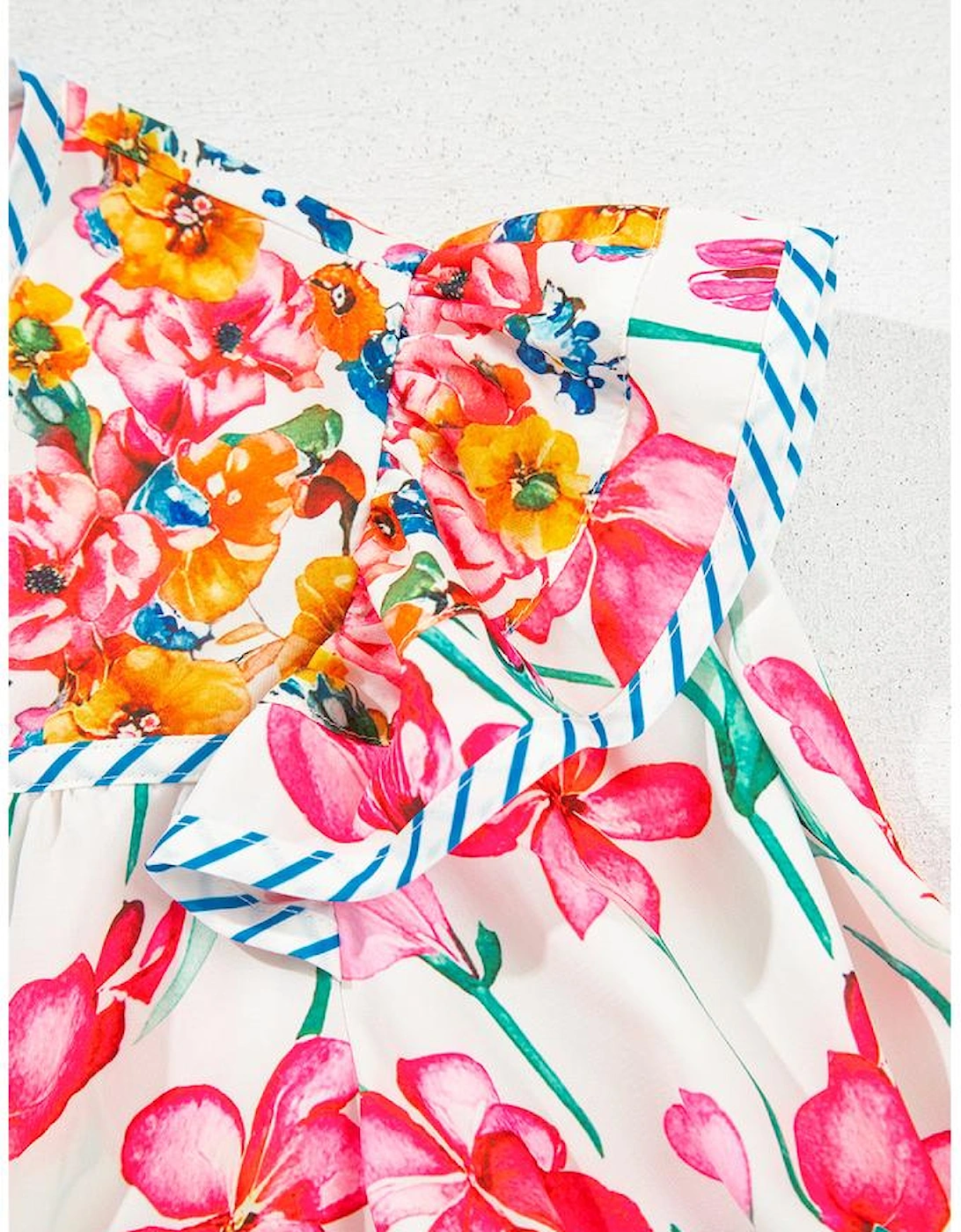 Pink Floral Print Striped Detail Split Neck Short Sleeve Blouse