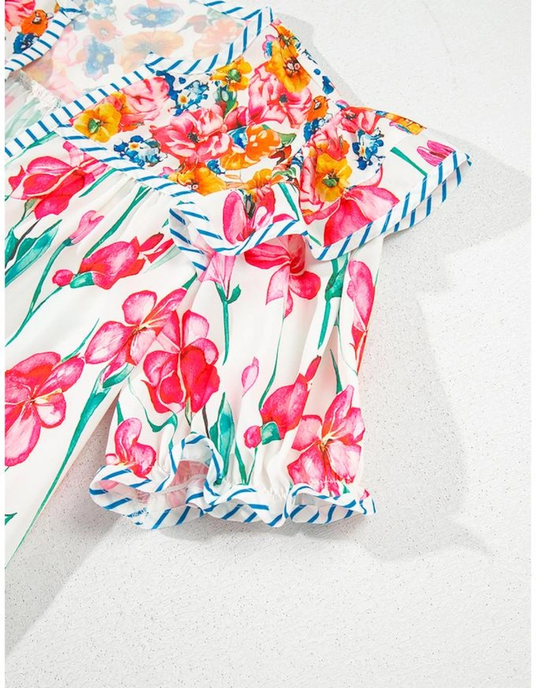 Pink Floral Print Striped Detail Split Neck Short Sleeve Blouse