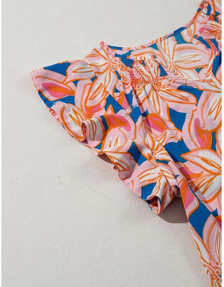 Orange Summer Flower Print Notched Neck Ruffle Sleeve Blouse