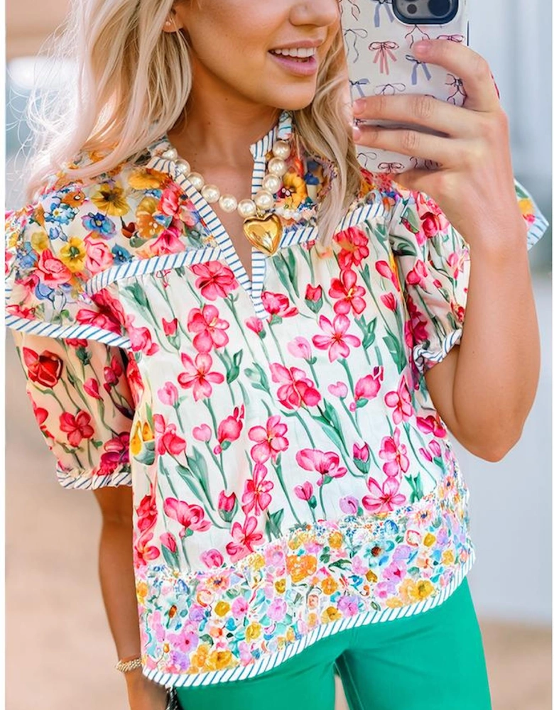 Pink Floral Print Striped Detail Split Neck Short Sleeve Blouse