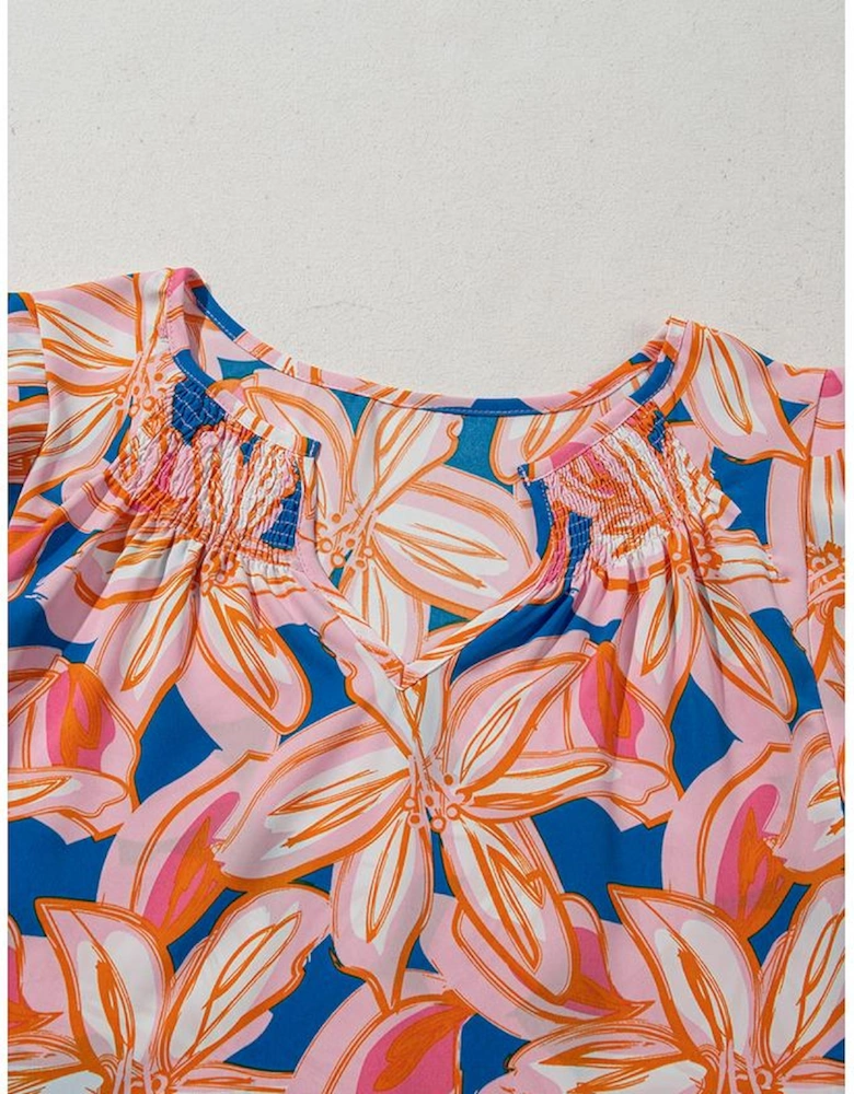 Orange Summer Flower Print Notched Neck Ruffle Sleeve Blouse