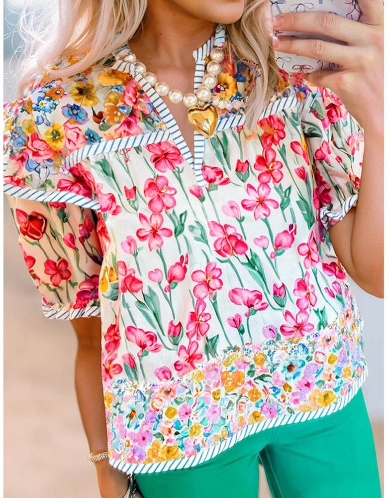 Pink Floral Print Striped Detail Split Neck Short Sleeve Blouse