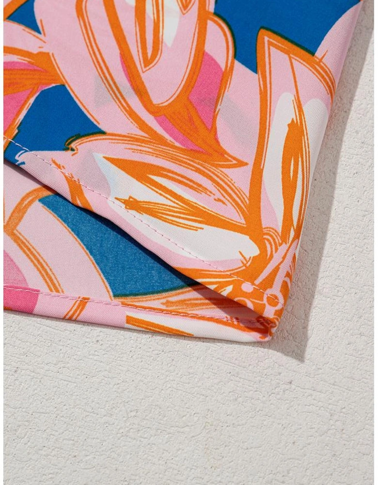 Orange Summer Flower Print Notched Neck Ruffle Sleeve Blouse